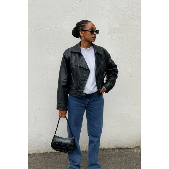 ZARA Womens MLeather Biker Moto Jacket Black Grunge Oversized